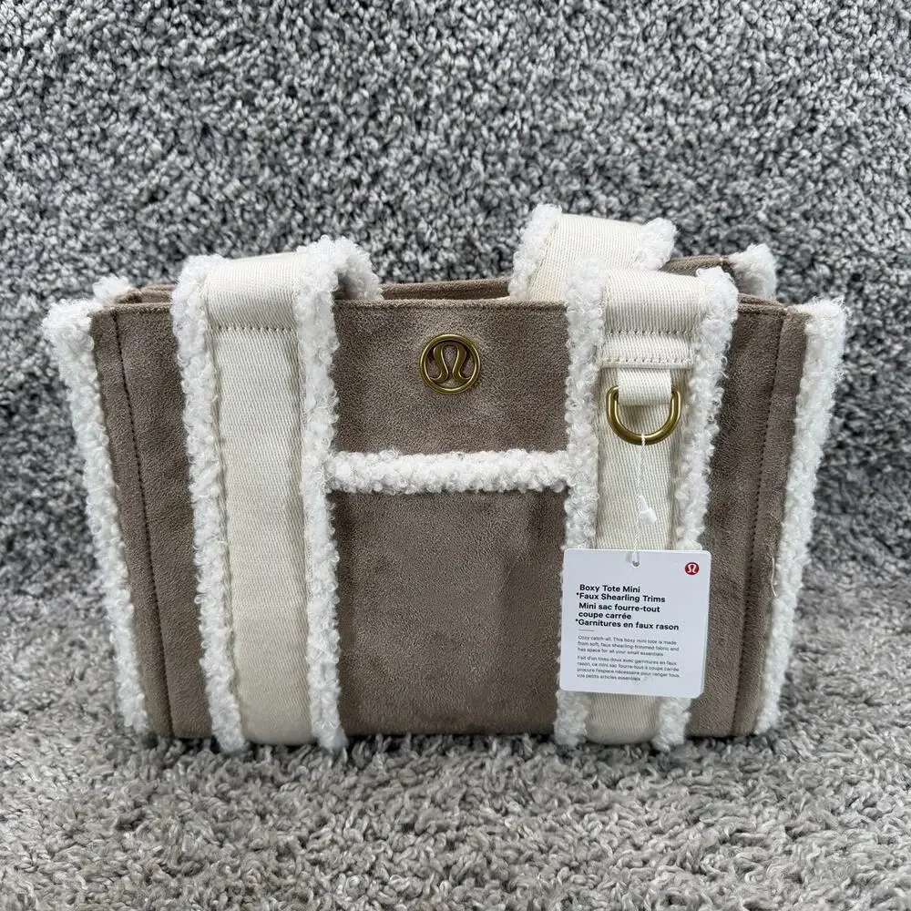 lululemon Boxy Mini Tote Bag Faux Shearling Trim Brown Ivory NWT